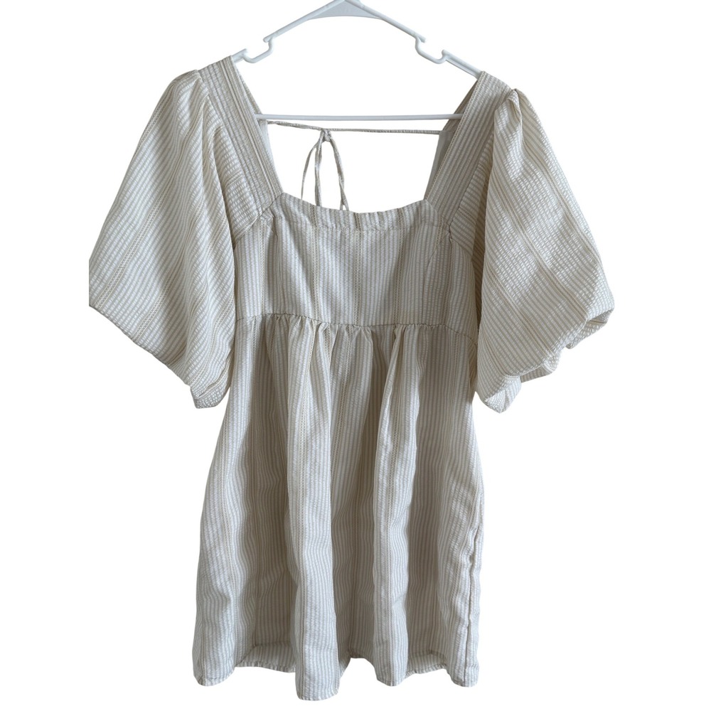Free People Striped Babydoll Mini Dress Tan Cream Puff Sleeve Smocked Back M - Picture 1 of 8